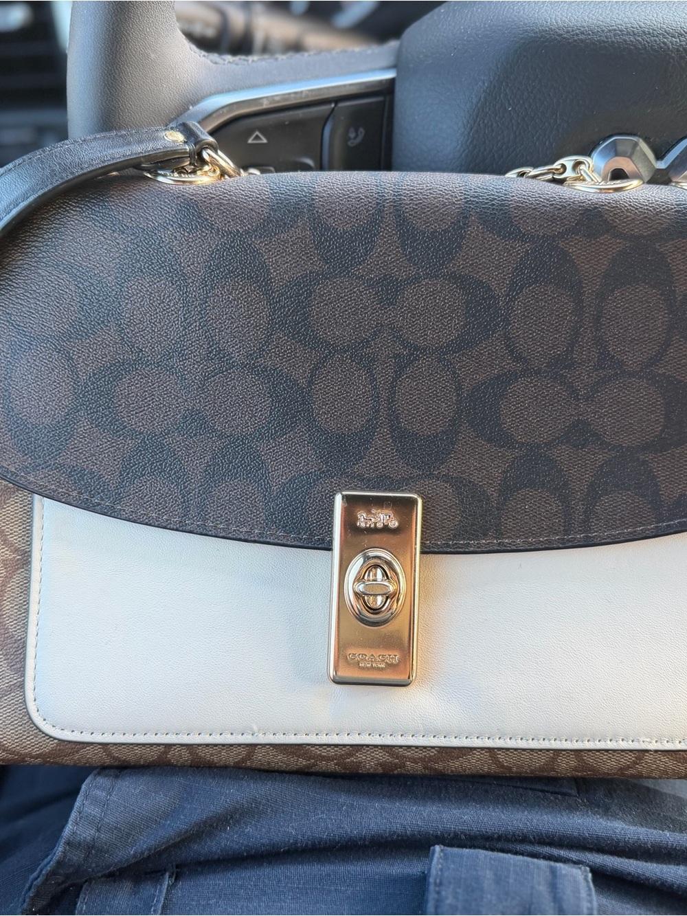 Coach Signature Colorblock Leather Shoulder Bag in Brown & White
